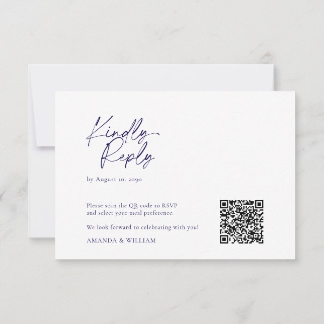  Elegant White & Navy Blue QR Code RSVP Card  (Back)