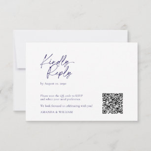  Elegant White & Navy Blue QR Code RSVP Card 
