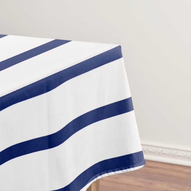 Elegant white & navy blue stripes minimalist chic tablecloth (In Situ)