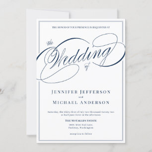 Elegant White Navy Classic Calligraphy Wedding Invitation