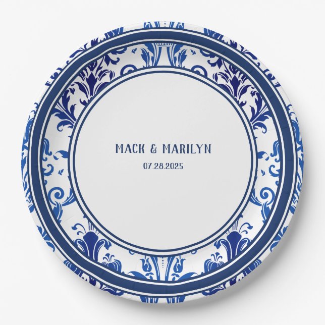Elegant White Navy Floral Damask Wedding Dinner Paper Plate (Front)