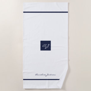 Elegant white navy modern monogrammed name beach towel