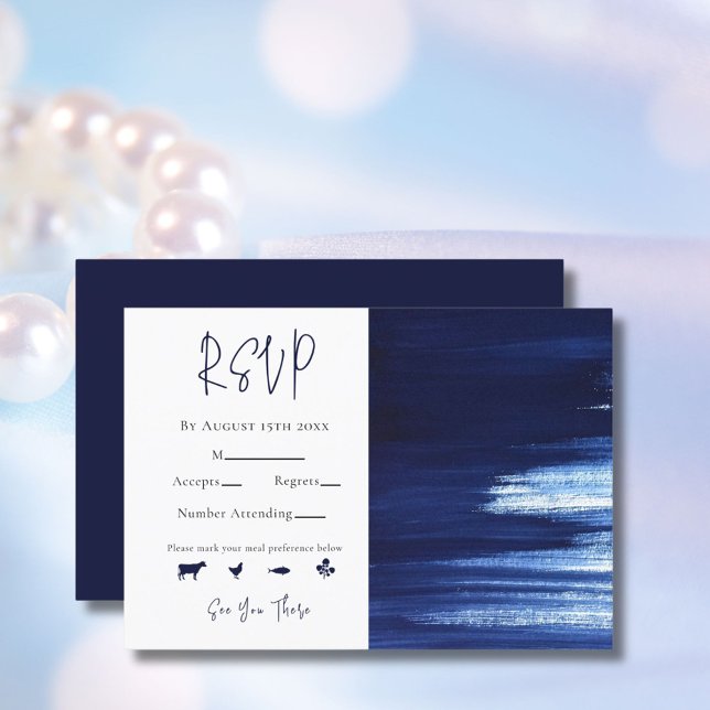 Elegant White & Navy Watercolor Paint Wash Wedding RSVP Card (Creator Uploaded)