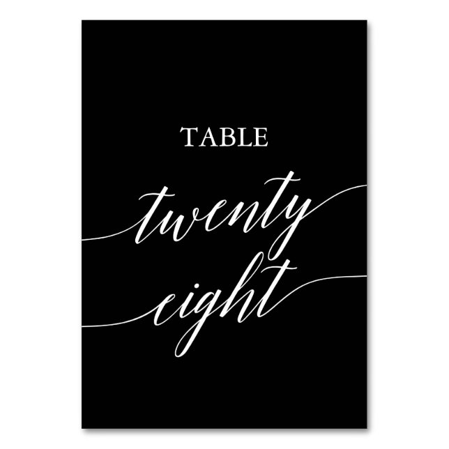 Elegant White on Black Calligraphy Table 28 Table Number (Front)