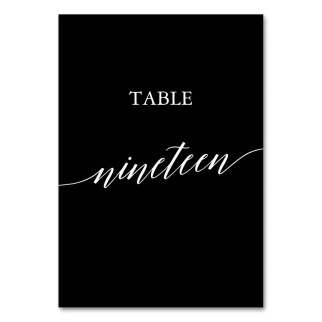 Elegant White on Black Calligraphy Table Nineteen Table Number (Front)