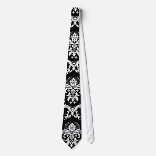 Elegant White on Black Damask Tie
