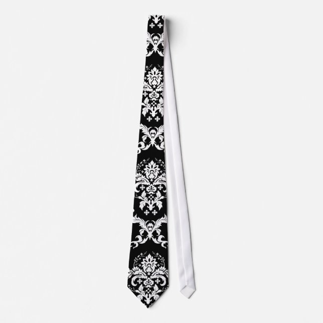 Elegant White on Black Damask Tie (Front)