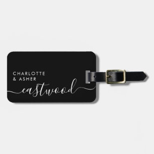 Elegant White On Black Monogram Script Name Luggage Tag