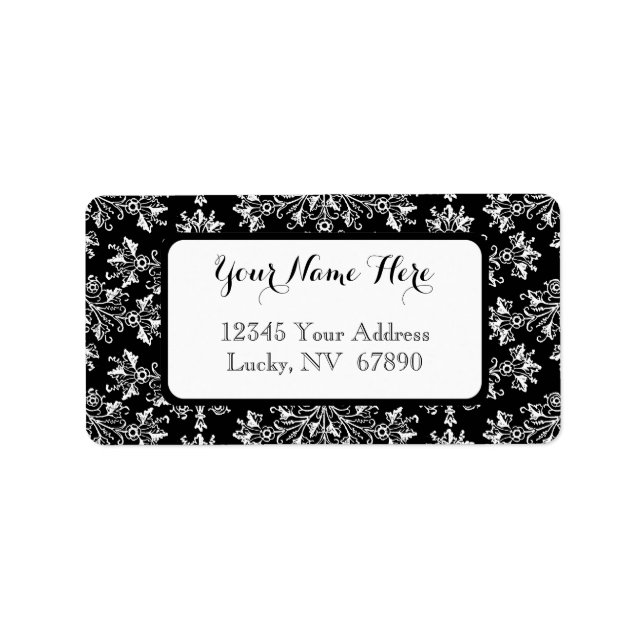 Elegant White on Black Vintage Damask Address Label (Front)