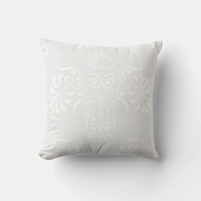 Elegant white on Pale Warm Grey Damask Style Cushion (Front)