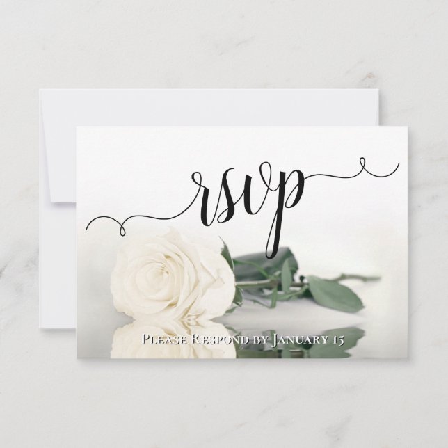 Elegant White or Ivory Reflecting Rose Wedding RSVP Card (Front)