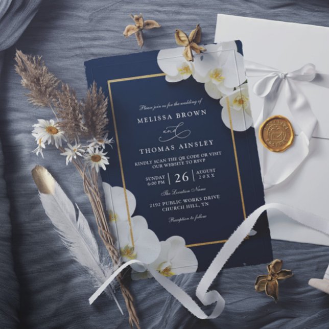 elegant white orchid blooms chic qr code wedding invitation (Creator Uploaded)