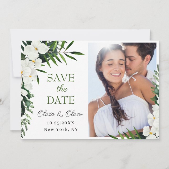 Elegant White Orchid Bohemian Floral Wedding PHOTO Save The Date (Front)