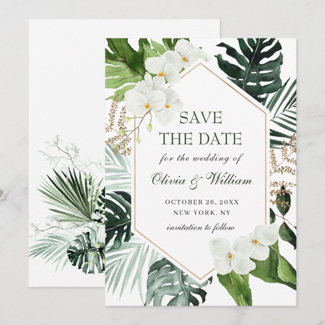Elegant White Orchid Bohemian Greenery Wedding Save The Date (Front/Back)