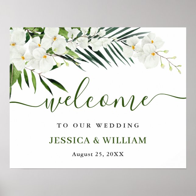 Elegant White Orchid Bohemian Wedding Welcome Sign (Front)