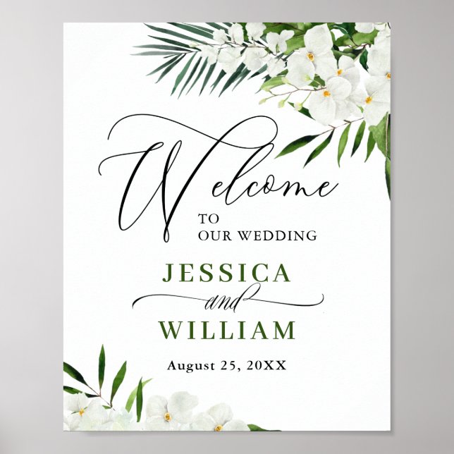 Elegant White Orchid Bohemian Wedding Welcome Sign (Front)