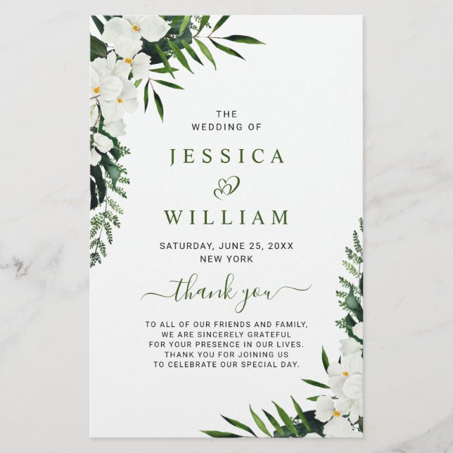 Elegant White Orchid Boho Wedding Ceremony Program (Front)
