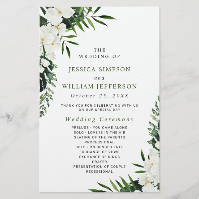 Elegant White Orchid Boho Wedding Ceremony Program (Front)