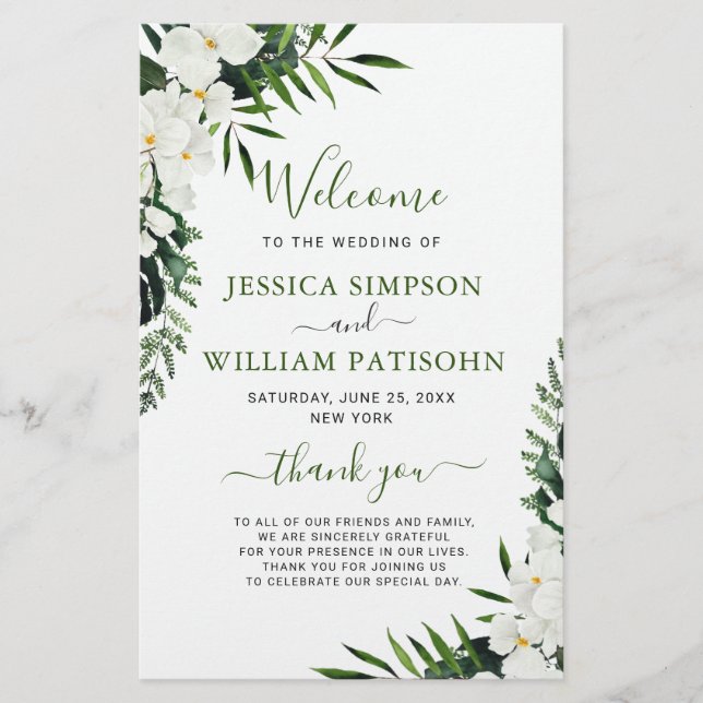 Elegant White Orchid Boho Wedding Ceremony Program (Front)