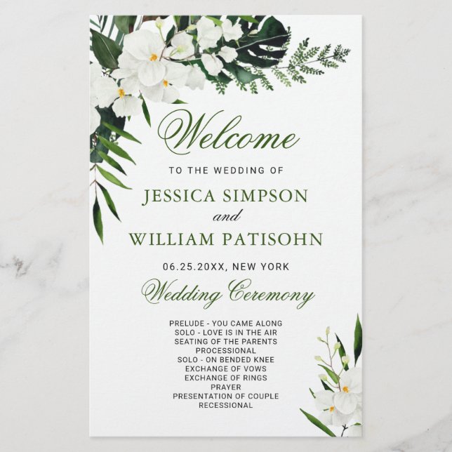 Elegant White Orchid Boho Wedding Ceremony Program (Front)