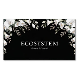 Elegant White Orchid Calla Lily Black Silver Frame Magnetic Business Card
