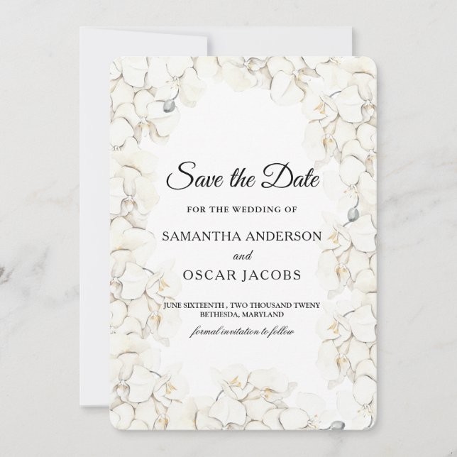 Elegant White Orchid Floral  Save The Date (Front)