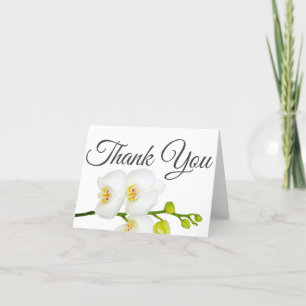 Elegant White Orchid Grey Script Thank You Card