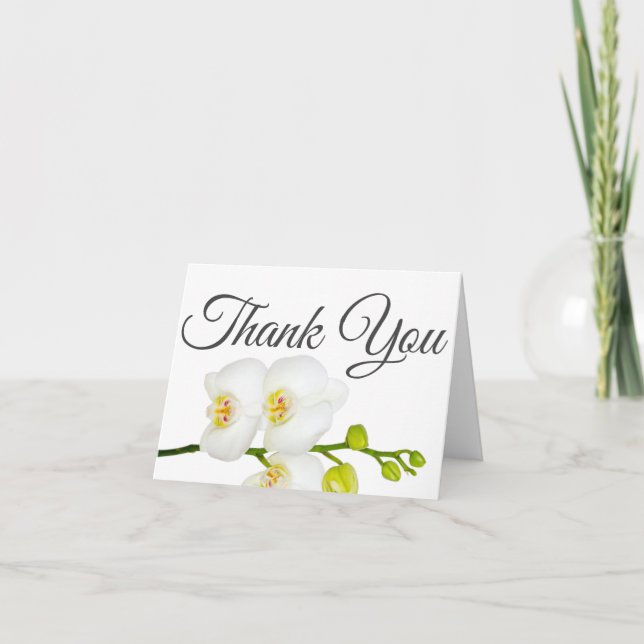 Elegant White Orchid Grey Script Thank You Card (Front)