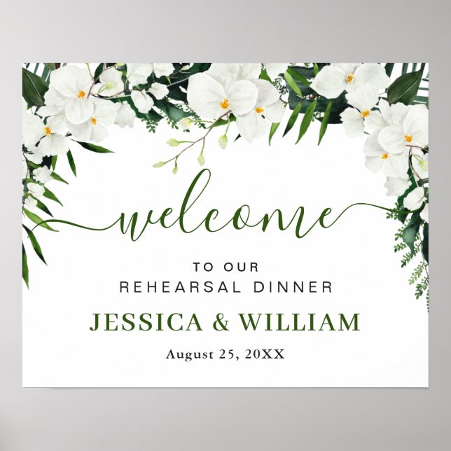 Elegant White Orchid REHEARSAL DINNER Welcome Sign (Front)