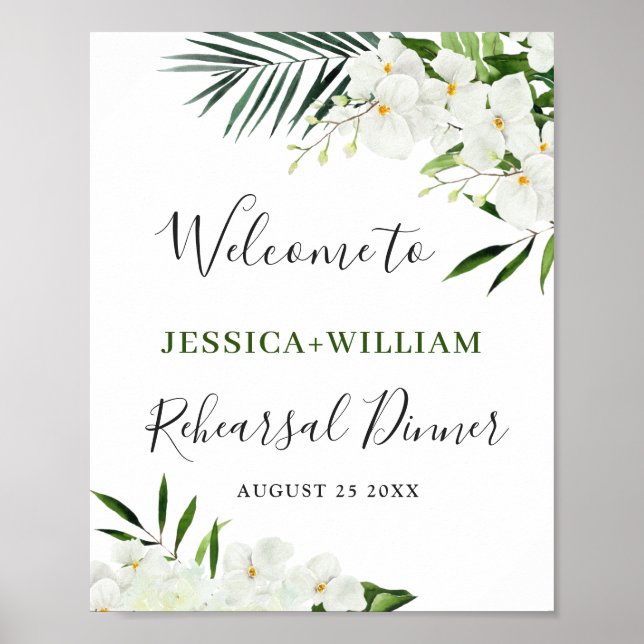 Elegant White Orchid Rehearsal Dinner Welcome Sign (Front)