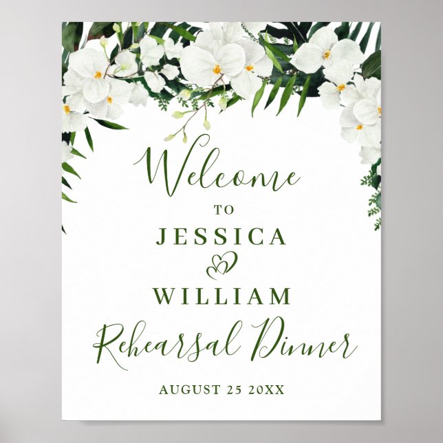 Elegant White Orchid Rehearsal Dinner Welcome Sign (Front)