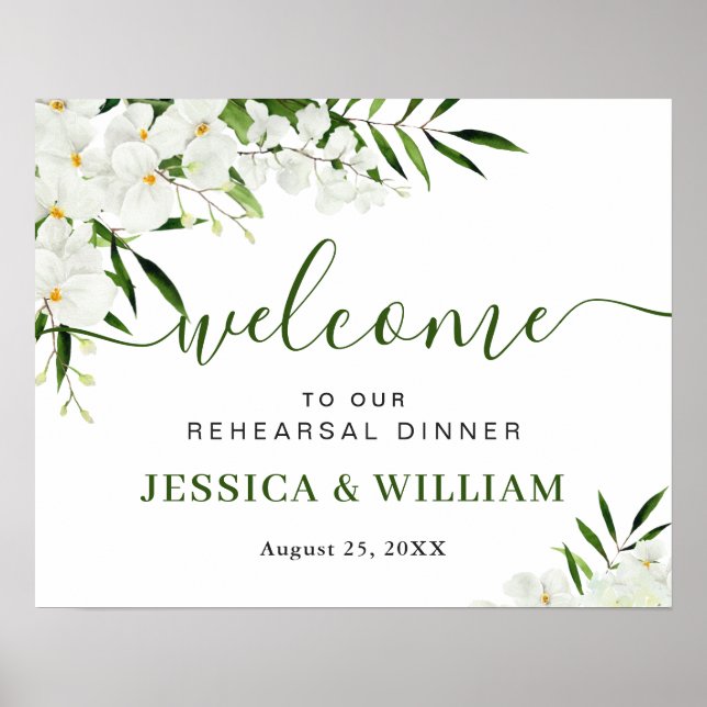 Elegant White Orchid REHEARSAL DINNER Welcome Sign (Front)