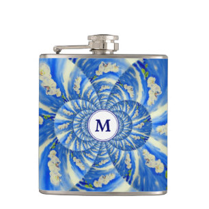 Elegant white orchid watercolor painting hip flask