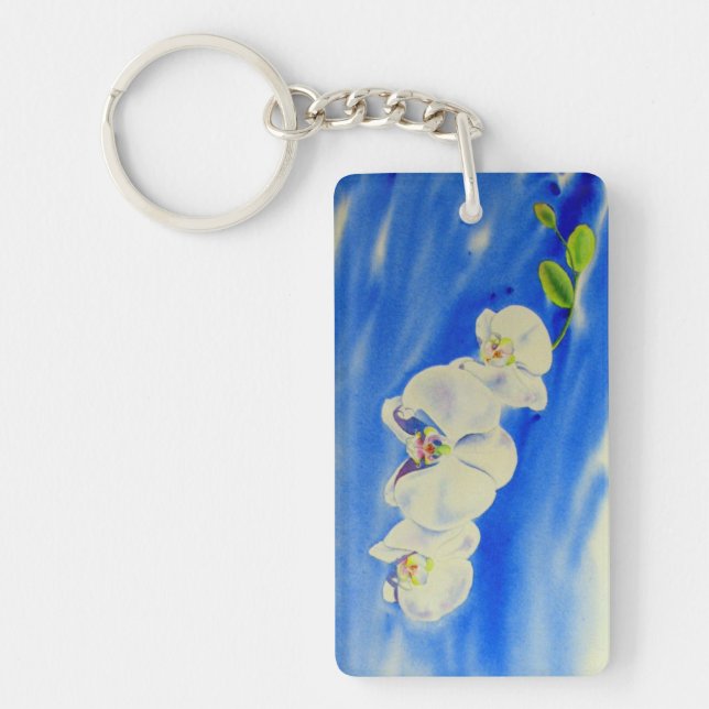 Elegant white orchid watercolor painting key ring (Front)