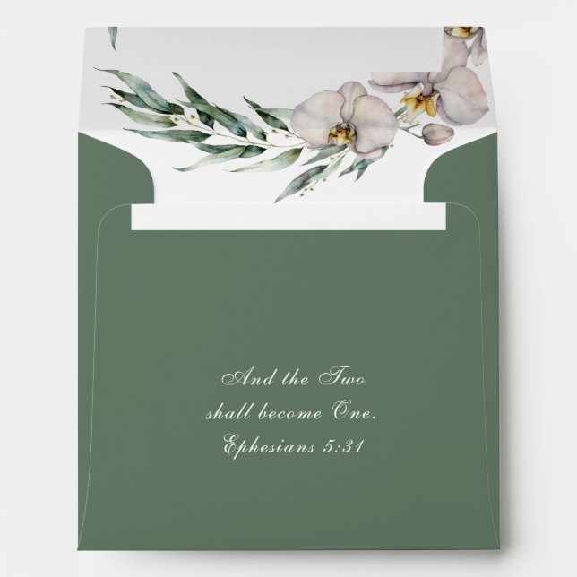 Elegant White Orchids Bible Verse Wedding Green Envelope (Back (Bottom))