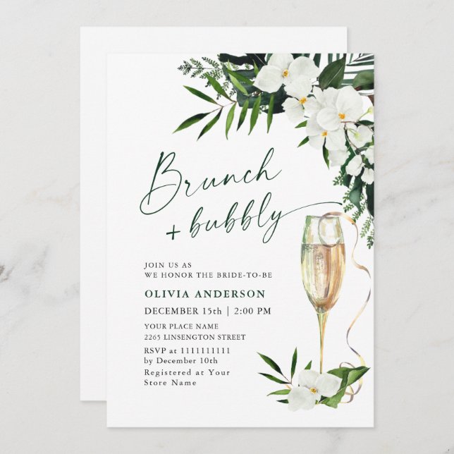 Elegant White Orchids Bohemian BRUNCH & BUBBLY Invitation (Front/Back)