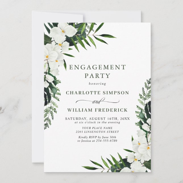 Elegant White Orchids Bohemian ENGAGEMENT PARTY Invitation (Front)