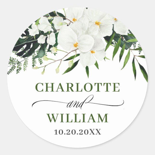 Elegant White Orchids Bohemian Floral Wedding Classic Round Sticker (Front)