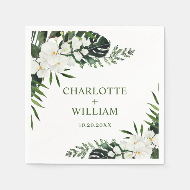 Elegant White Orchids Bohemian Floral Wedding Napkin (Front)