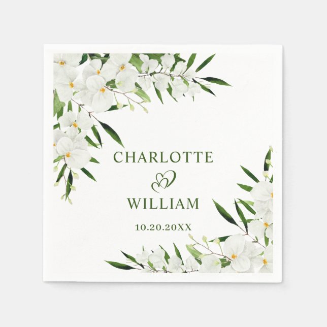 Elegant White Orchids Bohemian Floral Wedding Napkin (Front)
