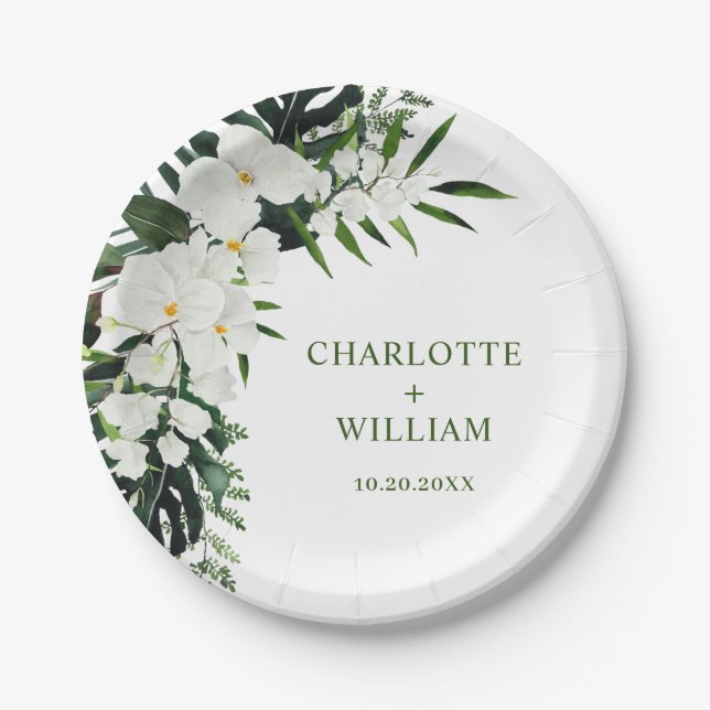 Elegant White Orchids Bohemian Floral Wedding Paper Plate (Front)