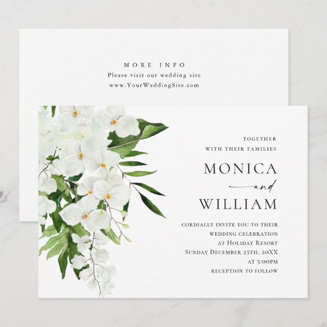 Elegant White Orchids Bohemian Greenery Wedding Invitation (Front/Back)