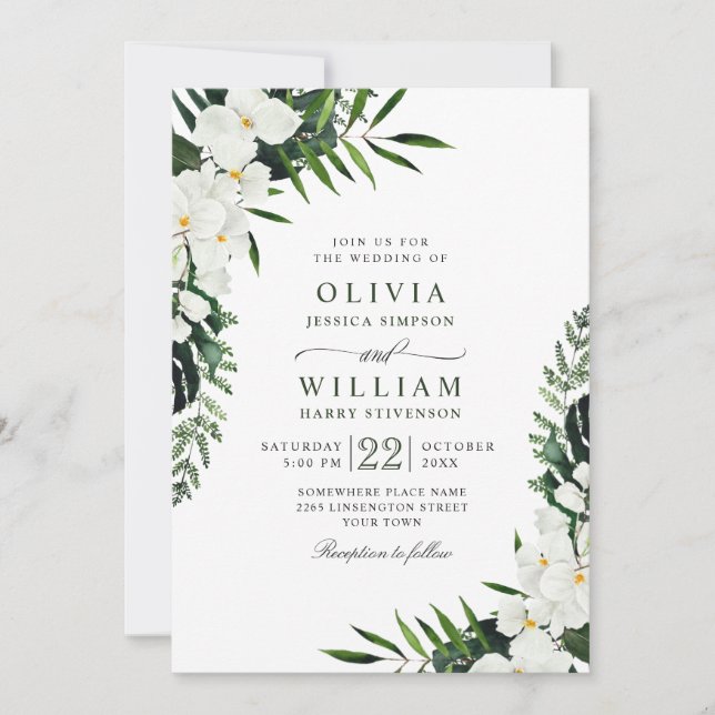 Elegant White Orchids Bohemian Greenery Wedding Invitation (Front)