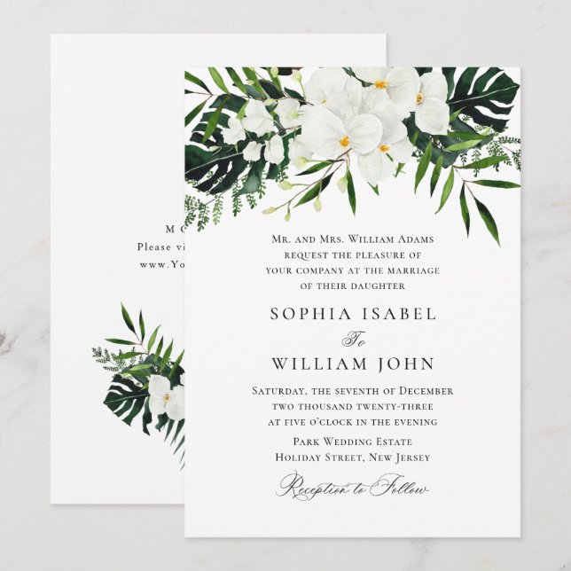 Elegant White Orchids Bohemian Greenery Wedding Invitation (Front/Back)