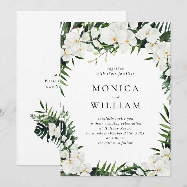 Elegant White Orchids Bohemian Greenery Wedding Invitation (Front/Back)