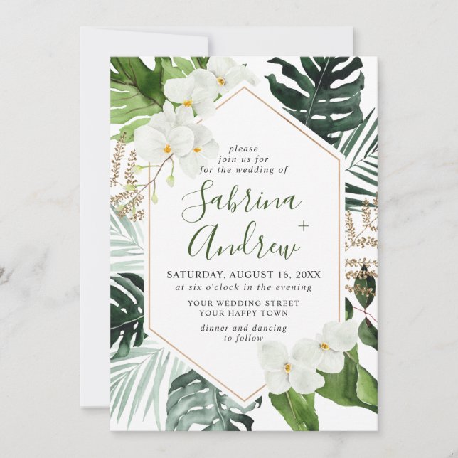 Elegant White Orchids Bohemian Greenery Wedding Invitation (Front)