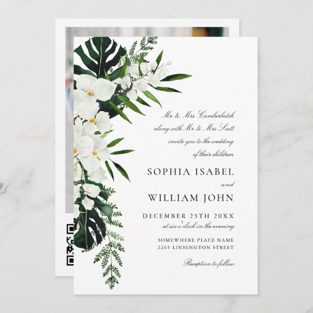 Elegant White Orchids Bohemian Greenery Wedding Invitation (Front/Back)