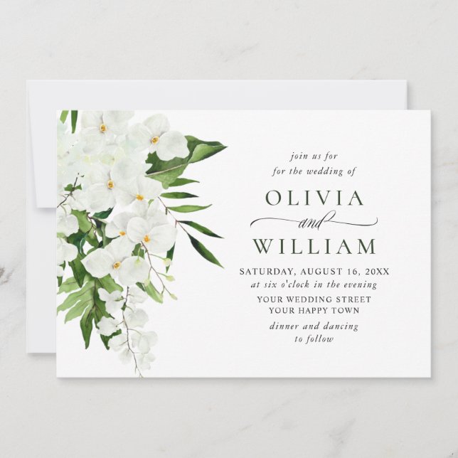Elegant White Orchids Bohemian Greenery Wedding Invitation (Front)