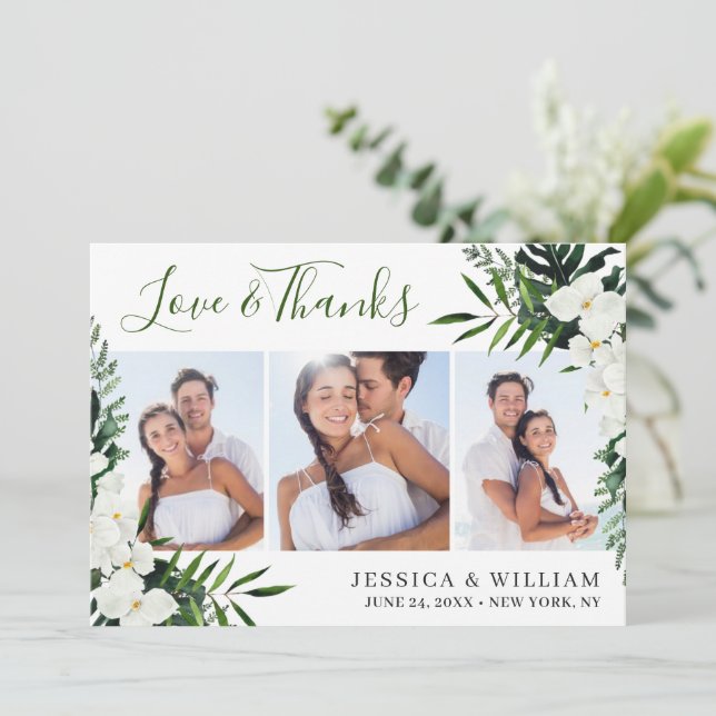 Elegant White Orchids Bohemian Wedding 3 PHOTO Thank You Card (Standing Front)