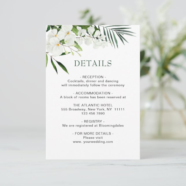 Elegant White Orchids Bohemian Wedding Details  En Enclosure Card (Standing Front)